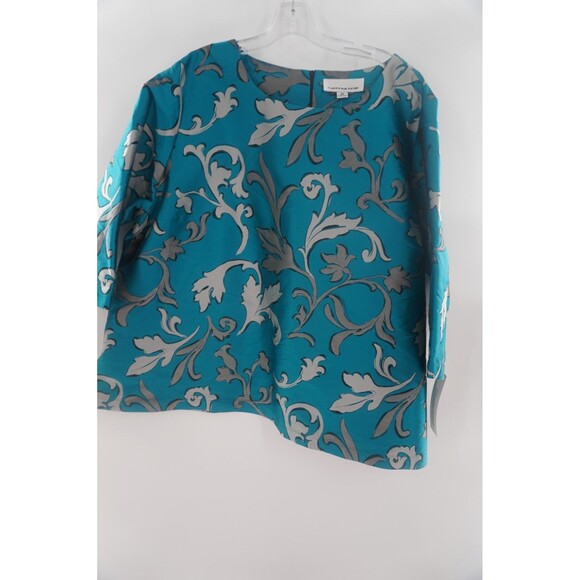 Caroline Rose NWT Turquoise Blue & Silver Damask Floral Blouse Plus Size 3X - Picture 2 of 13